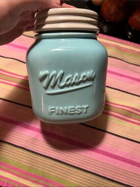 Mason Ceramic Storage Jar in Pale Blue with Cream Lid. NWOT